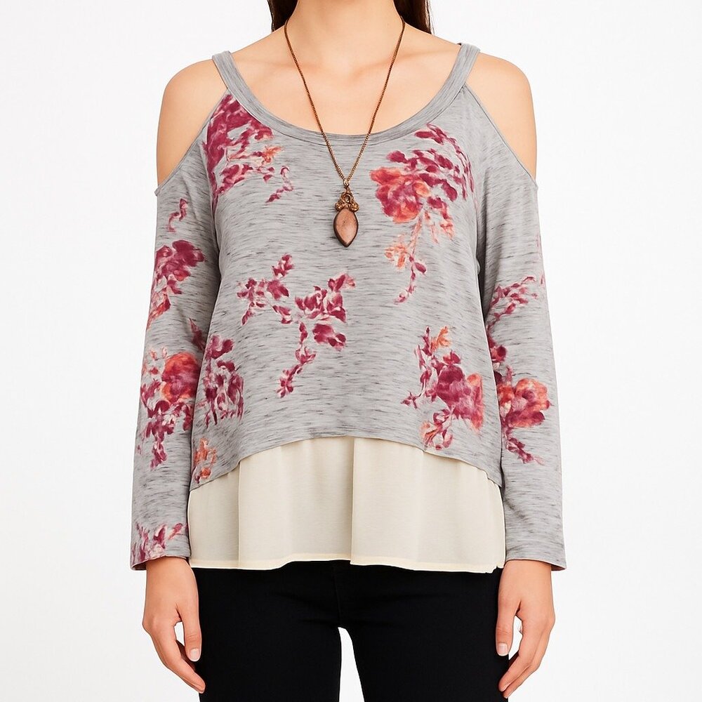 Womens L Floral Cold Shoulder Layered‎ Hem Blouse Top Gray Pink Romantic Boho